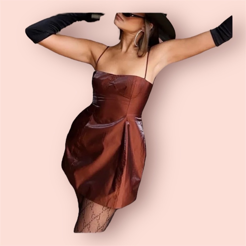 NWT Danielle Bernstein iridescent brown taffeta green shift bustier mini dress